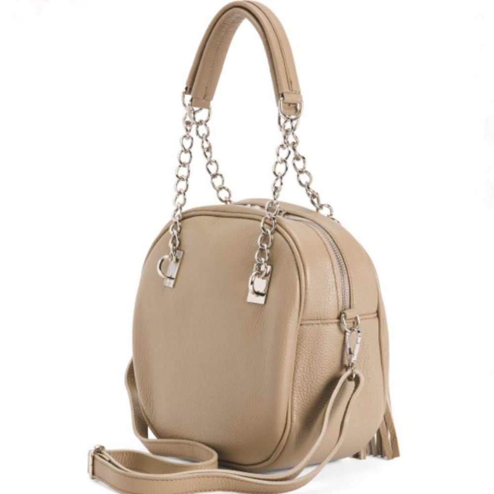 ORE10 Taupe Leather Round Tassel Satchel/Crossbody, Like New - Picture 1 of 15